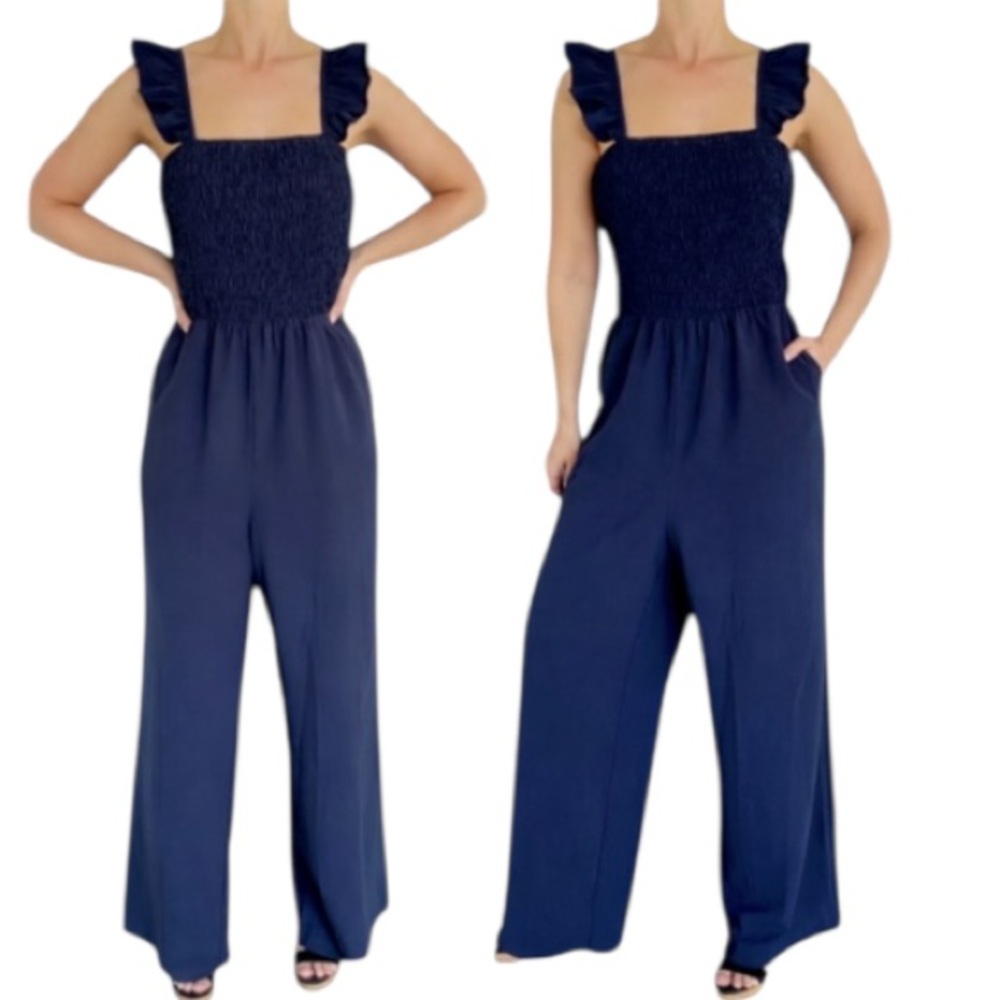 Navy blue ruffle strap smocked elastic full length sleeveless jumpsuit XL